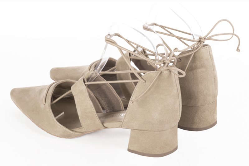 Champagne beige women's open side shoes, with lace straps. Tapered toe. Low flare heels. Rear view - Florence KOOIJMAN